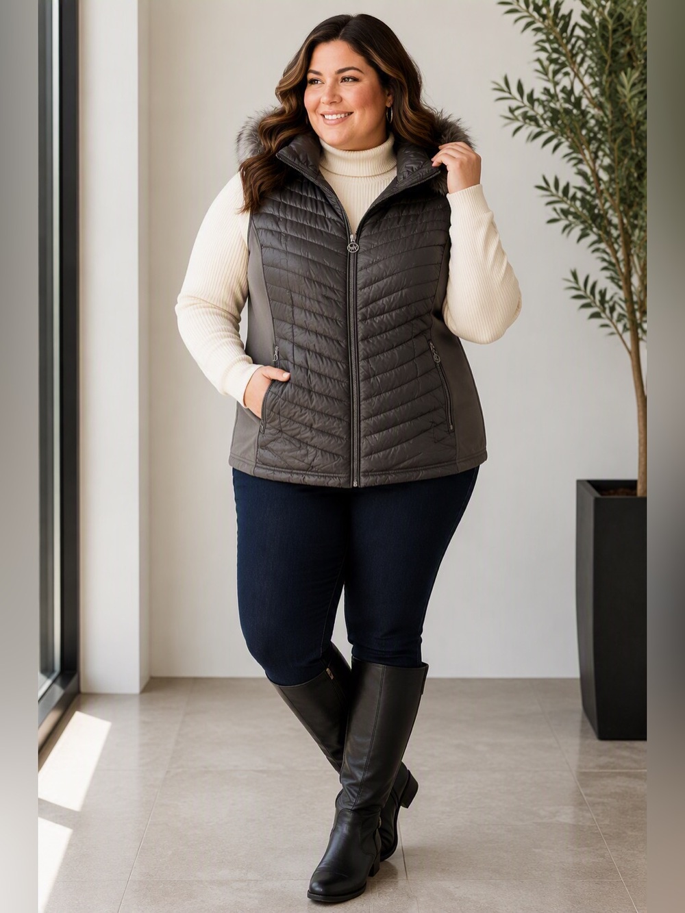 Michael Kors Quilted Charcoal Fur-Trim Hooded Puffer Vest